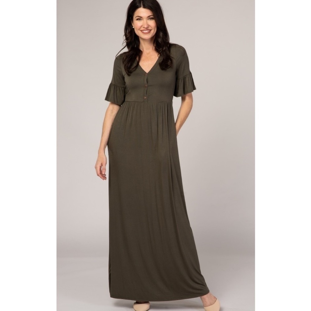 PinkBlush olive ruffle sleeve button front maxi